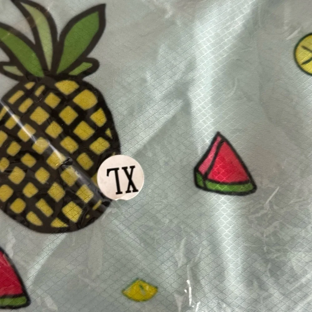 New Men’s Board Shorts XL, Drawstring, Light Blue w/ Pineapples & Watermelon
